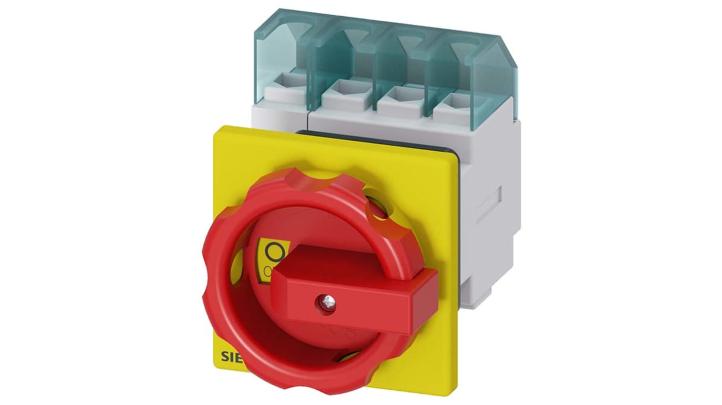 Interruttore di isolamento Siemens 3LD2254-1TL53, 4 poli, 32 A, montaggio frontale, grado di protezione IP65, colore rosso/giallo.