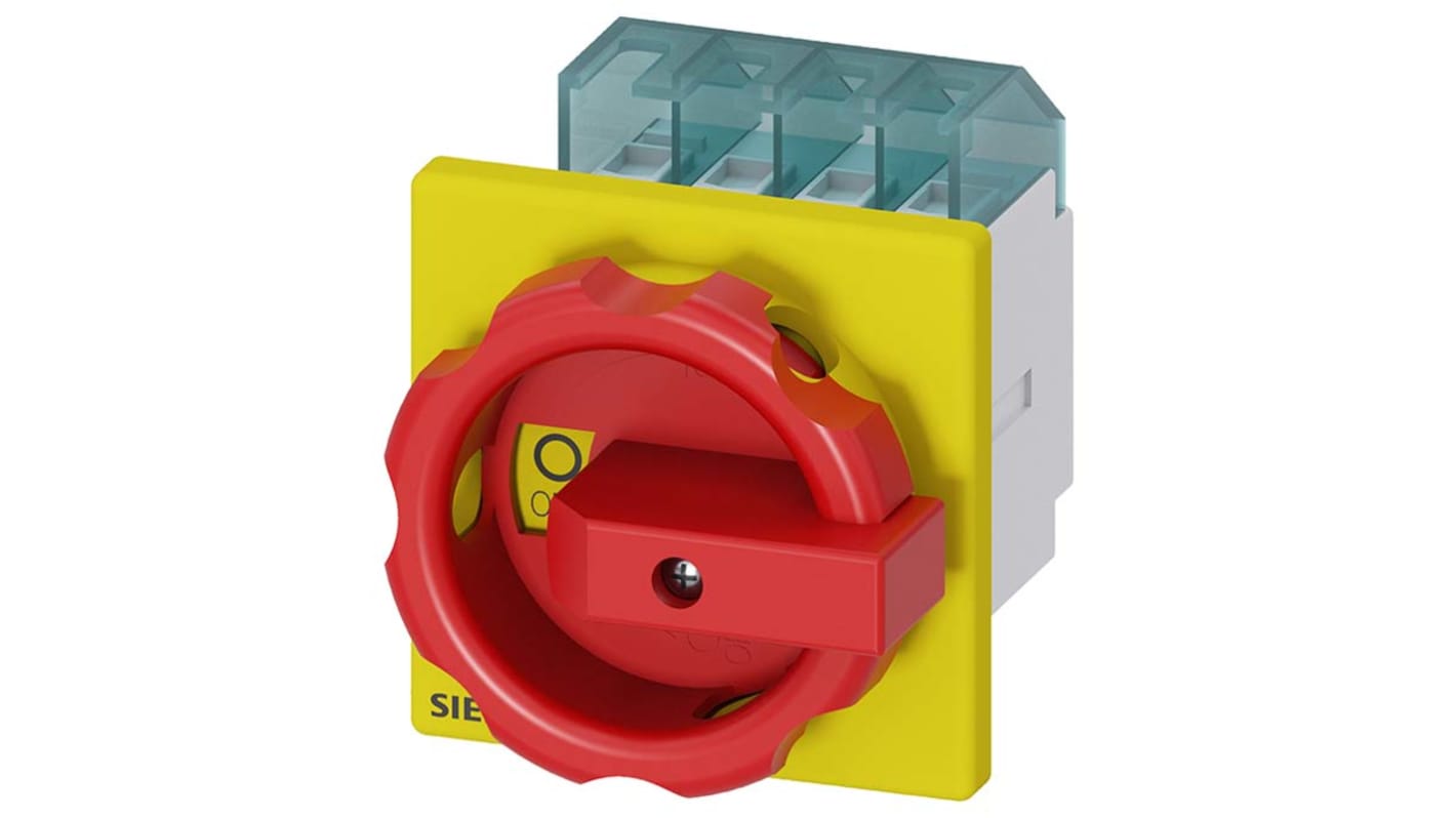 Interruttore di isolamento Siemens 3LD2003-1TL53, 4 poli, 16 A, montaggio frontale, grado di protezione IP65, colore rosso/giallo.
