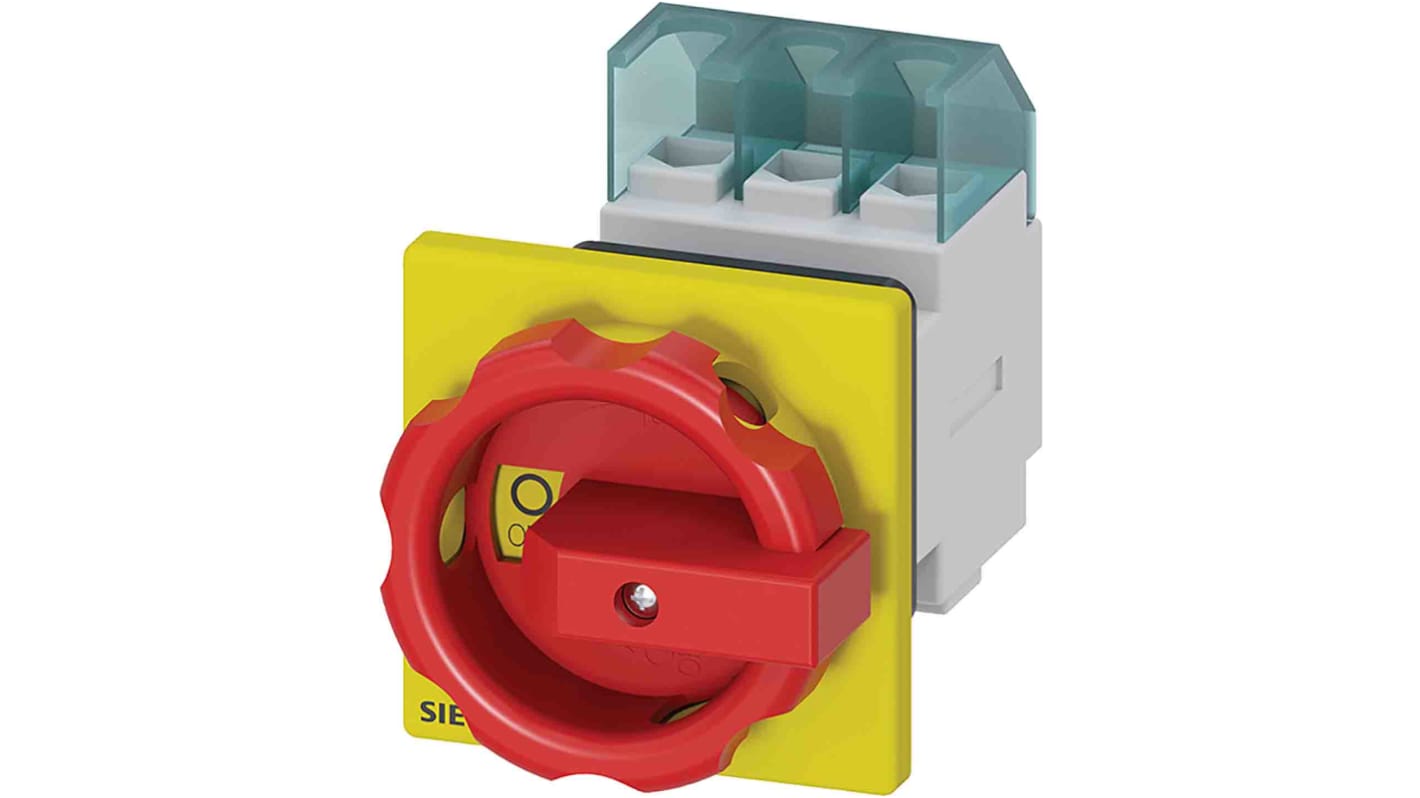 Interruttore di isolamento Siemens 3LD2154, 3 poli, 25 A, montaggio frontale, classe di protezione IP65, azionamento rotante.