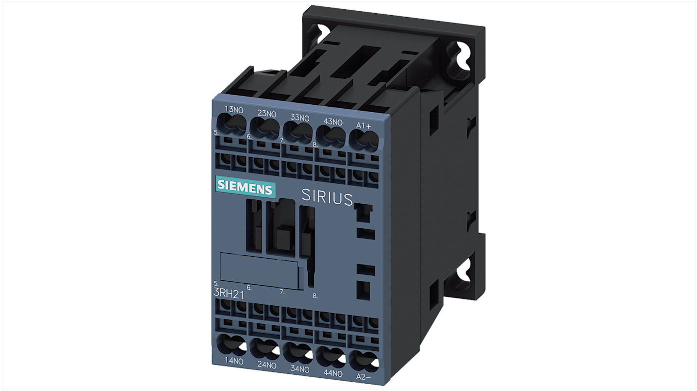 Contattore Siemens 3RH2140-2SB40, 4 contatti NO, 10 A, 24 V c.c., IP20, -25/+60 °C, con diodo soppressore integrato.