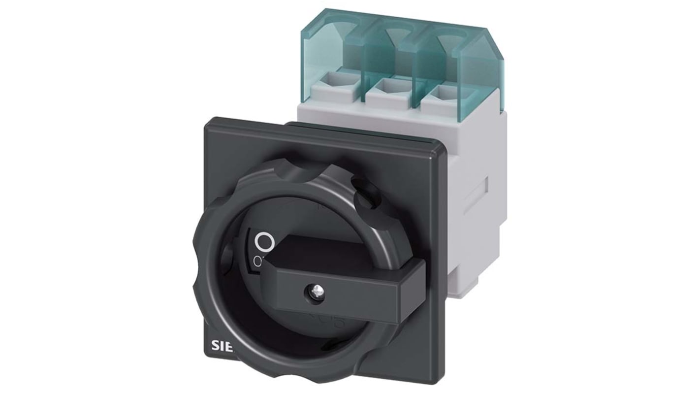 Interruttore di isolamento Siemens 3LD2254, 3 poli, 32 A, montaggio frontale, classe di protezione IP65, design nero.