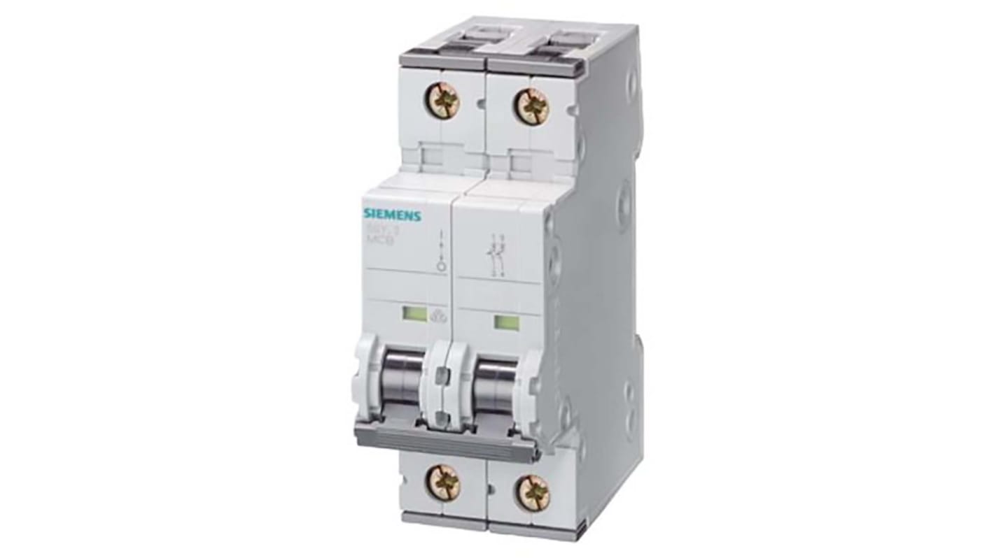 Interruttore magnetotermico Siemens 5SY6210-6, 2P 10A 6 kA, Tipo B per uso industriale su guida DIN. Protezione IP20.