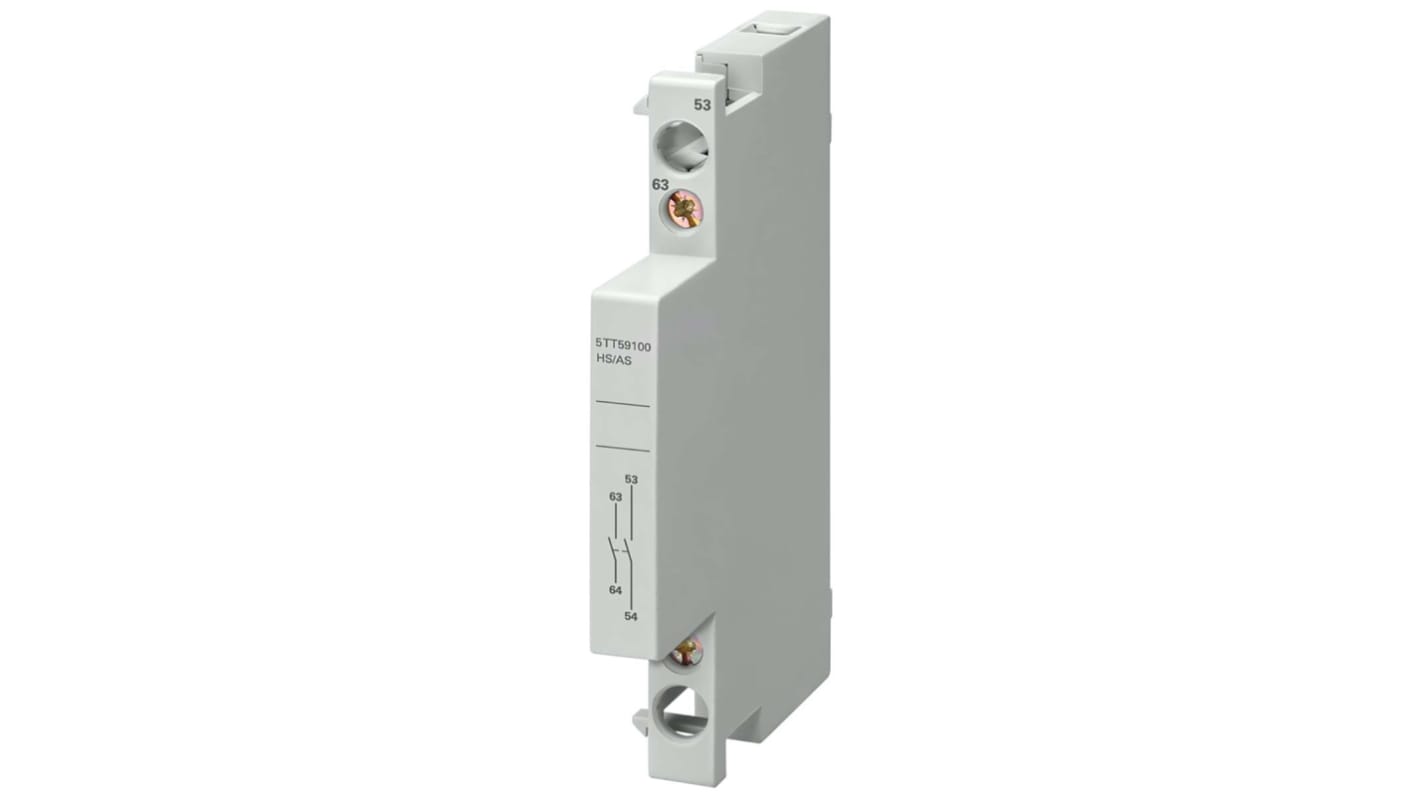 Contatto ausiliario Siemens 5TT5910-1 per guida DIN, 2 contatti (1 N/C + 1 N/A), tensione 230 V c.a., peso 41 g.