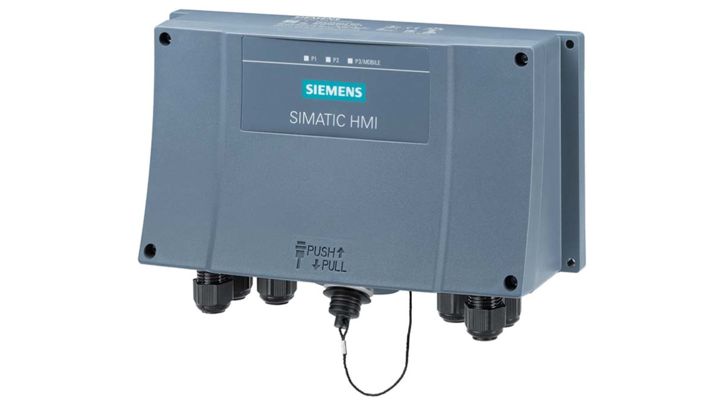 Zoccolo relè Siemens 6AV2125-2AE23-0AX0 per pannelli mobili SIMATIC HMI, con 3 interfacce Ethernet e assorbimento di 95mA.