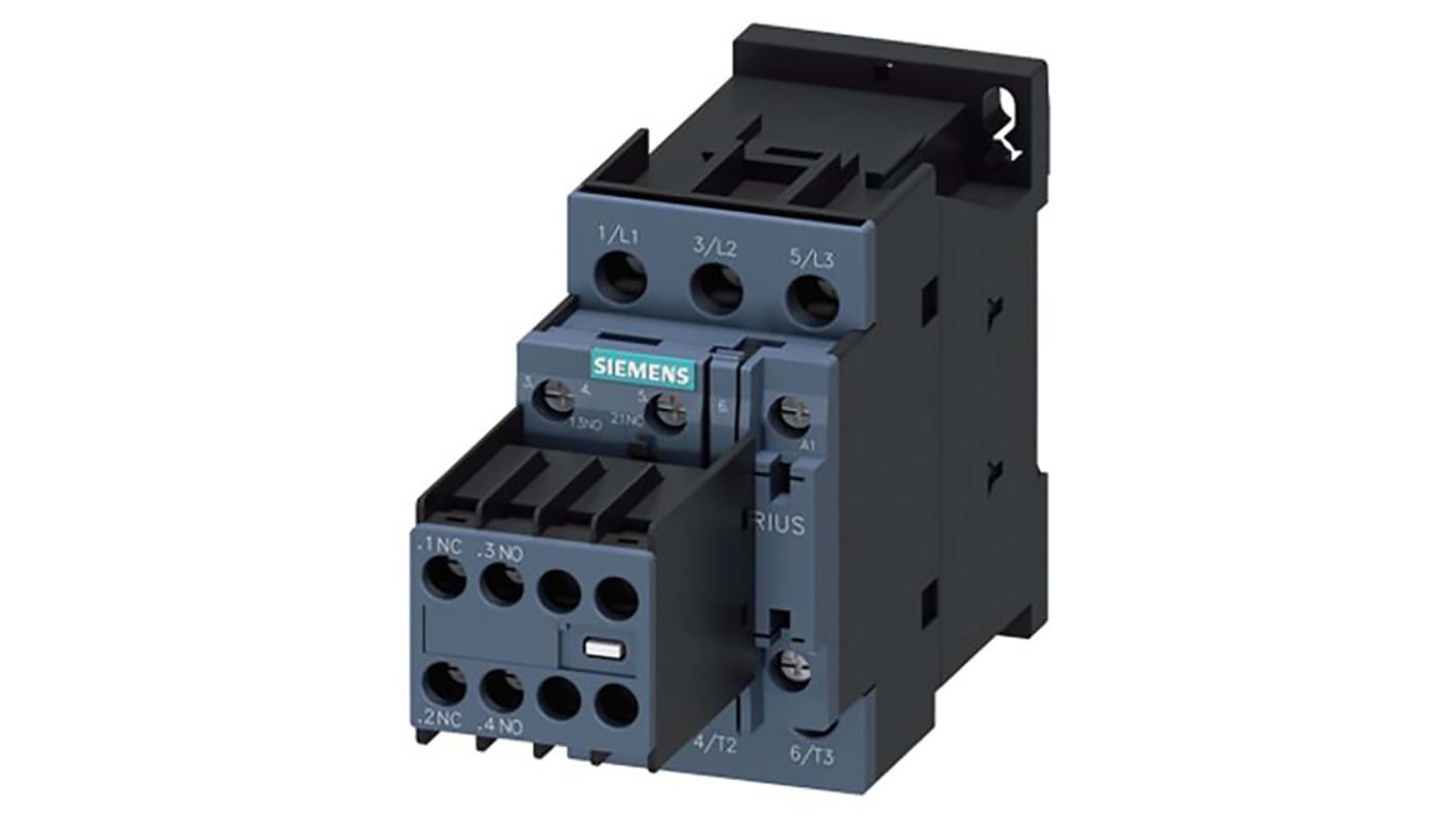 Contattore di Potenza Siemens 3RT2027-1AP04, 32A, 15kW, 230V CA. Reversibile per climi estremi, affidabile e di alta qualità.