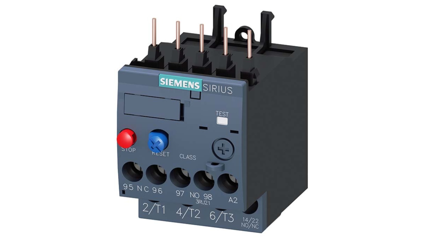 Relè termico Siemens 3RU2116-0JB0, 1 NO + 1 NC, 1A, classe 10, terminale a molla, per motori S00. Temperature da -40 °C a +70 °C.