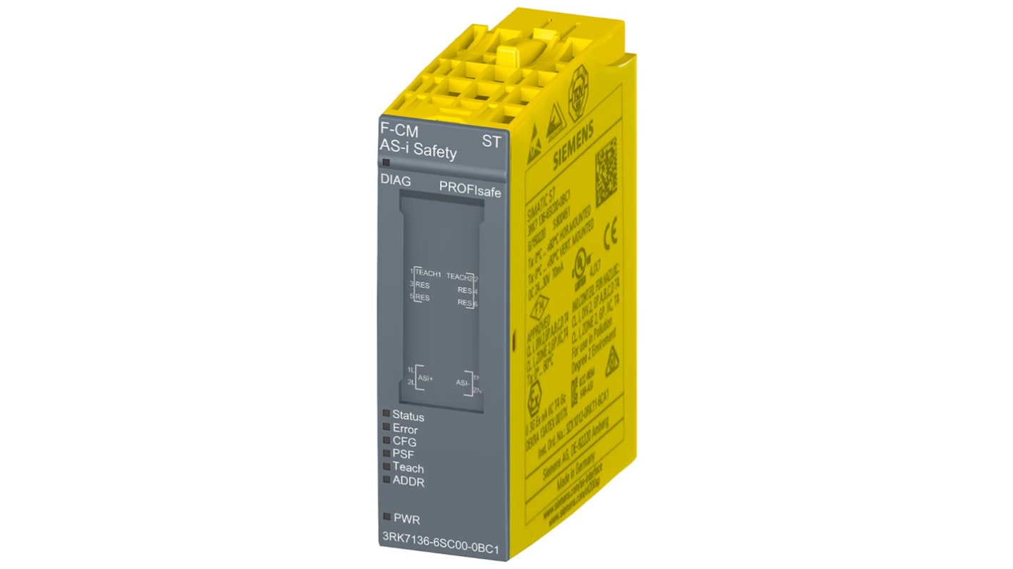 Modulo di sicurezza Siemens 3RK7136-6SC00-0BC1 per interfaccia AS, dimensioni 73 x 2058 mm, operante da -40 a +70 °C.
