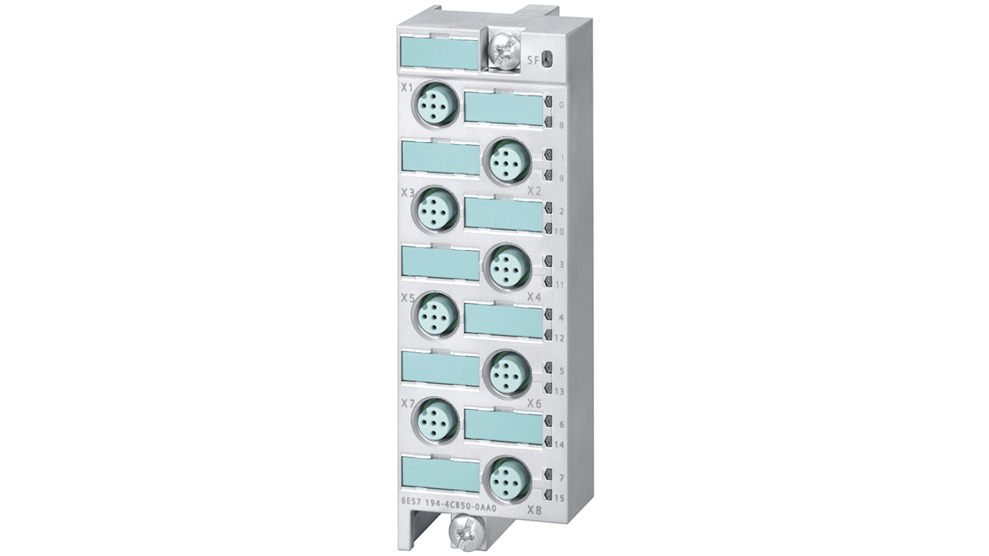 Zoccolo relè Siemens 6ES7194-4CB50-0AA0 per modulo elettronico digitale, 16 DI e 4 DIO/DO, dimensioni 45 x 130 x 39 mm.