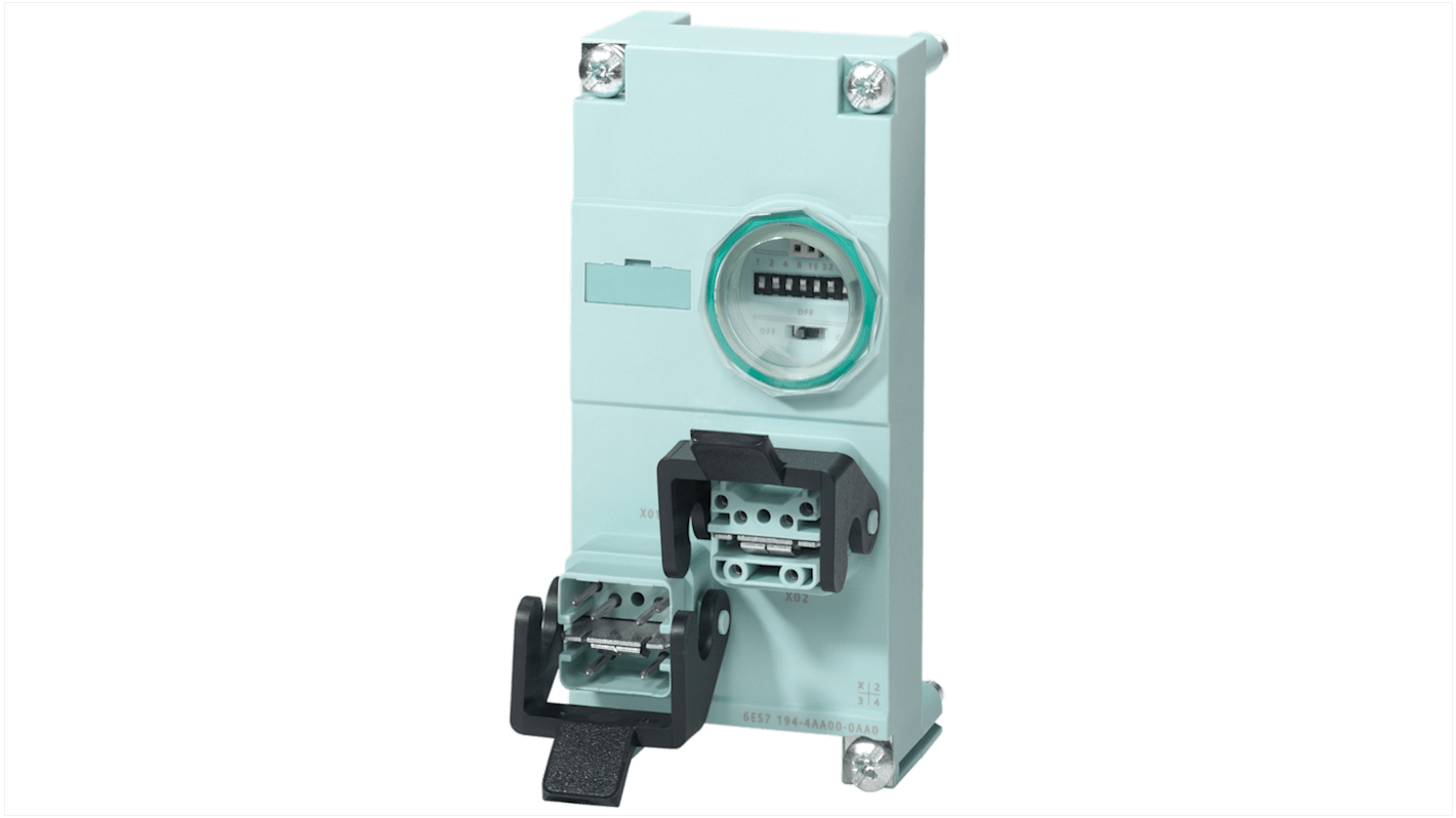 Zoccolo relè Siemens 6ES7194-4AA00-0AA0 per modulo interfaccia PROFIBUS, dimensioni 60x130x60 mm, peso 100 g.