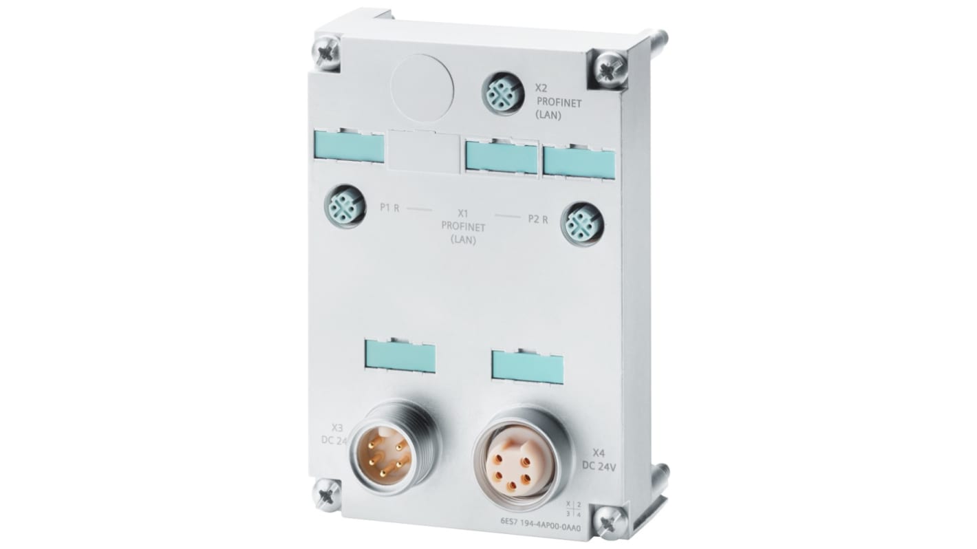Zoccolo relè Siemens 6ES7194-4AP00-0AA0 per ET 200pro, modulo di collegamento DP, dimensioni 90x130x51mm, peso 560g.