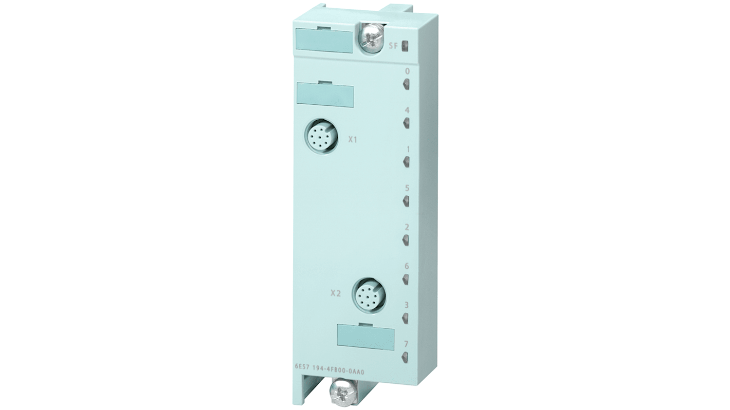 Zoccolo relè Siemens 6ES7194-4FB00-0AA0 per moduli elettronici digitali ET 200 PRO, dimensioni 45x130x39 mm, peso 560 g.