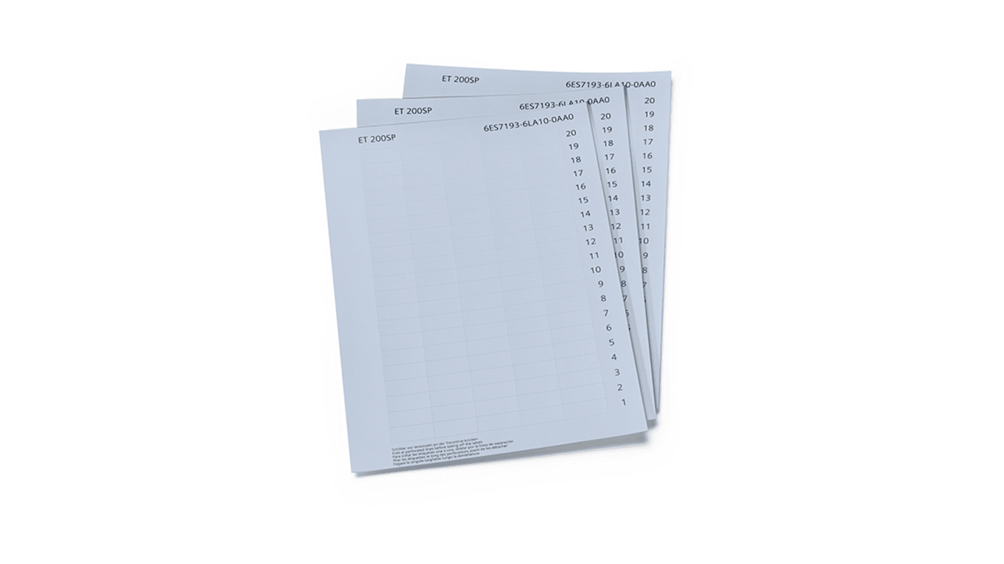 Striscia di etichette Siemens 6ES7193-6LA10-0AA0 per ET 200SP, dimensioni 13mm x 31mm, colore grigio chiaro, 10 fogli DIN A4.