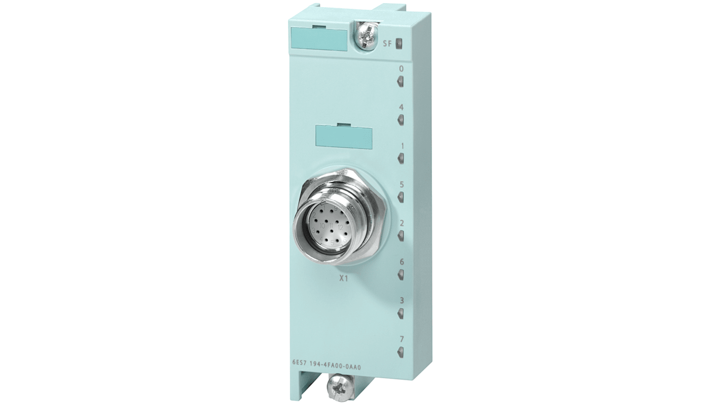Zoccolo relè Siemens 6ES7194-4FA00-0AA0 per moduli elettronici digitali ET 200 PRO, dimensioni 45mm x 130mm x 39mm.