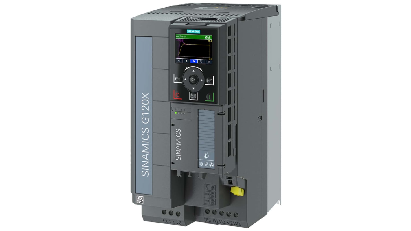 Convertitore di frequenza Siemens 6SL3220-3YE28-0AF0, potenza 15 kW, tensione 480 V, grado di protezione IP20.