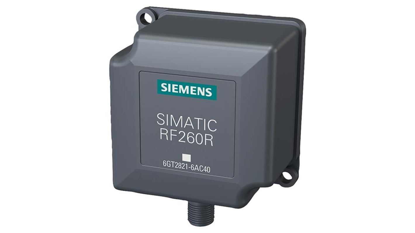 Lettore RFID Siemens 6GT2821-6AC40, rilevamento fino a 135 mm, IP67, dimensioni 75 x 41 x 75 mm, temperatura -25/+70 °C.