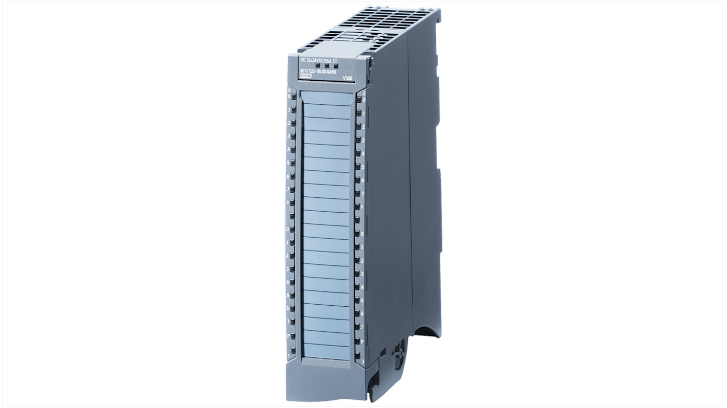 Modulo I/O digitale Siemens 6ES7522-5HF00-0AB0, 8 uscite relè, alimentazione 230 V, montaggio verticale o orizzontale, dimensioni 147 x 35 x 129 mm.