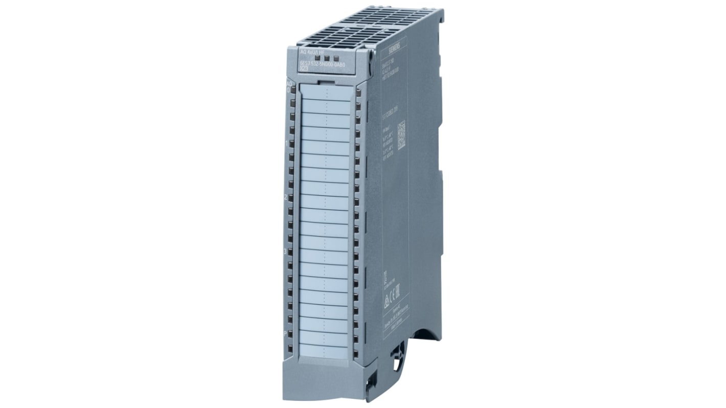 Modulo I/O digitale Siemens 6ES7532-5ND00-0AB0, 4 uscite analogiche, montaggio su guida DIN, dimensioni 147 x 35 x 129 mm.