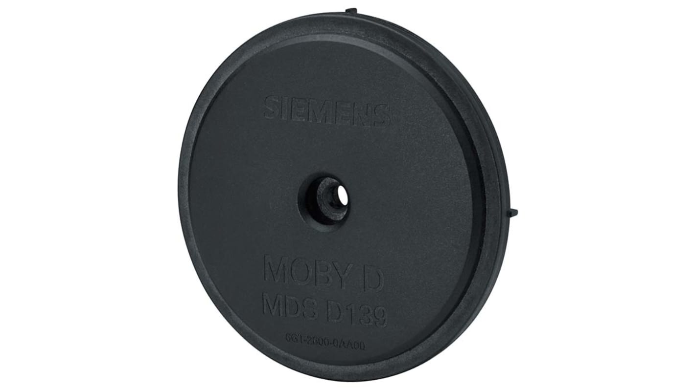 Transponder Siemens 6GT2600-0AA10, dispositivo RFID IP68, dimensioni 85 x 15 mm, resistente a temperature da -25 a +100 °C.