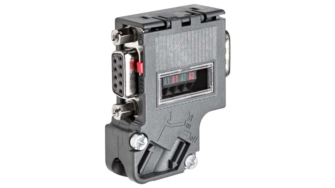 Connettore BUS PROFIBUS Siemens 6ES7972-0BB42-0XA0, D-Sub a 9 pin femmina PG per cavi industriali. Velocità 12 Mbit/s, resistenza integrata.