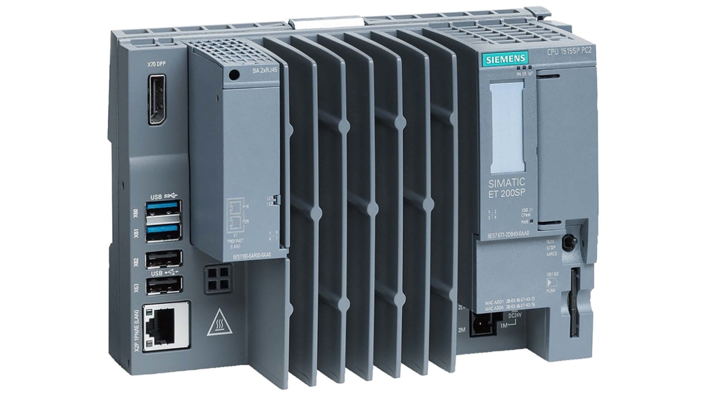 Controllore logico Siemens 6ES7677-2DB42-0GK0 SIMATIC ET200, 24 V c.c., CPU 1515SP, dimensioni 117 x 160 x 75 mm.