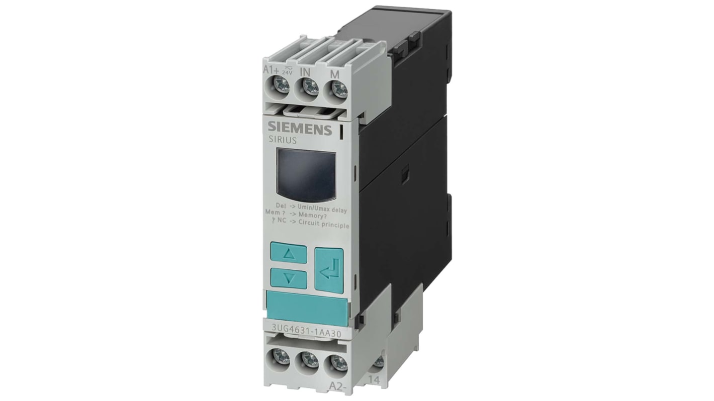 Relè di monitoraggio tensione Siemens 3UG4631-1AW30, SPDT, display LCD, montaggio snap-on, IP20, per sovratensione e sottotensione.
