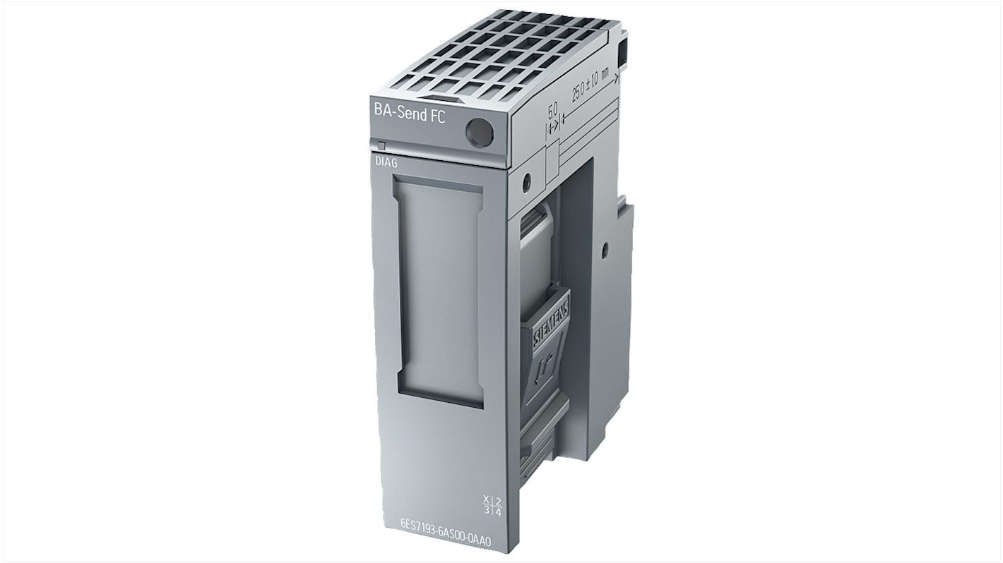 Adattatore bus Siemens 6ES7193-6AS00-0AA0 per collegamenti ET, compatibile con SIMATIC ET 200SP, dimensioni 20mm, peso 40g.