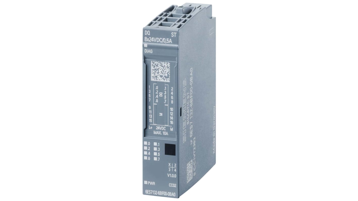 Modulo I/O PLC Siemens 6ES7132-6BF00-0CA0: interfaccia per dispositivi industriali, 8 uscite transistor, diagnosi rapida.