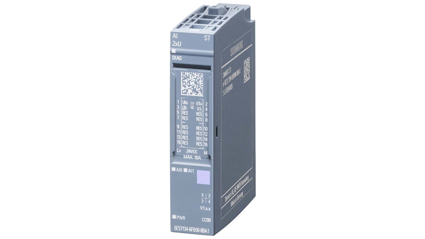 Modulo di ingresso analogico Siemens 6ES7134-6FB00-0BA1, 2 ingressi, risoluzione 16 bit, dimensioni 73 x 15 x 58 mm.