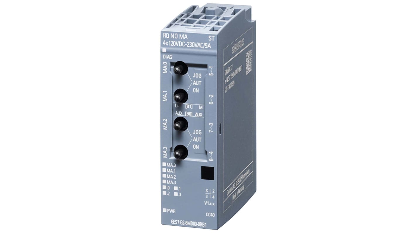 Modulo I/O Siemens 6ES7132-6MD00-0BB1, unità ausiliaria digitale per automazione, 4 uscite transistor, 24 V, 73 x 20 x 58 mm.