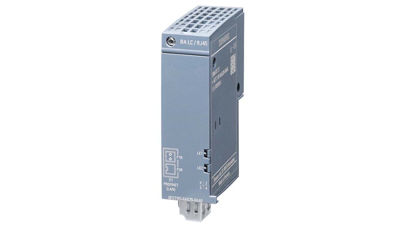 Adattatore PROFINET Siemens 6ES7193-6AG20-0AA0, compatibile con SIMATIC, dimensioni 20mm x 69,5mm x 59mm, peso 32g. Connessioni: 1x LC FO, 1x RJ45.