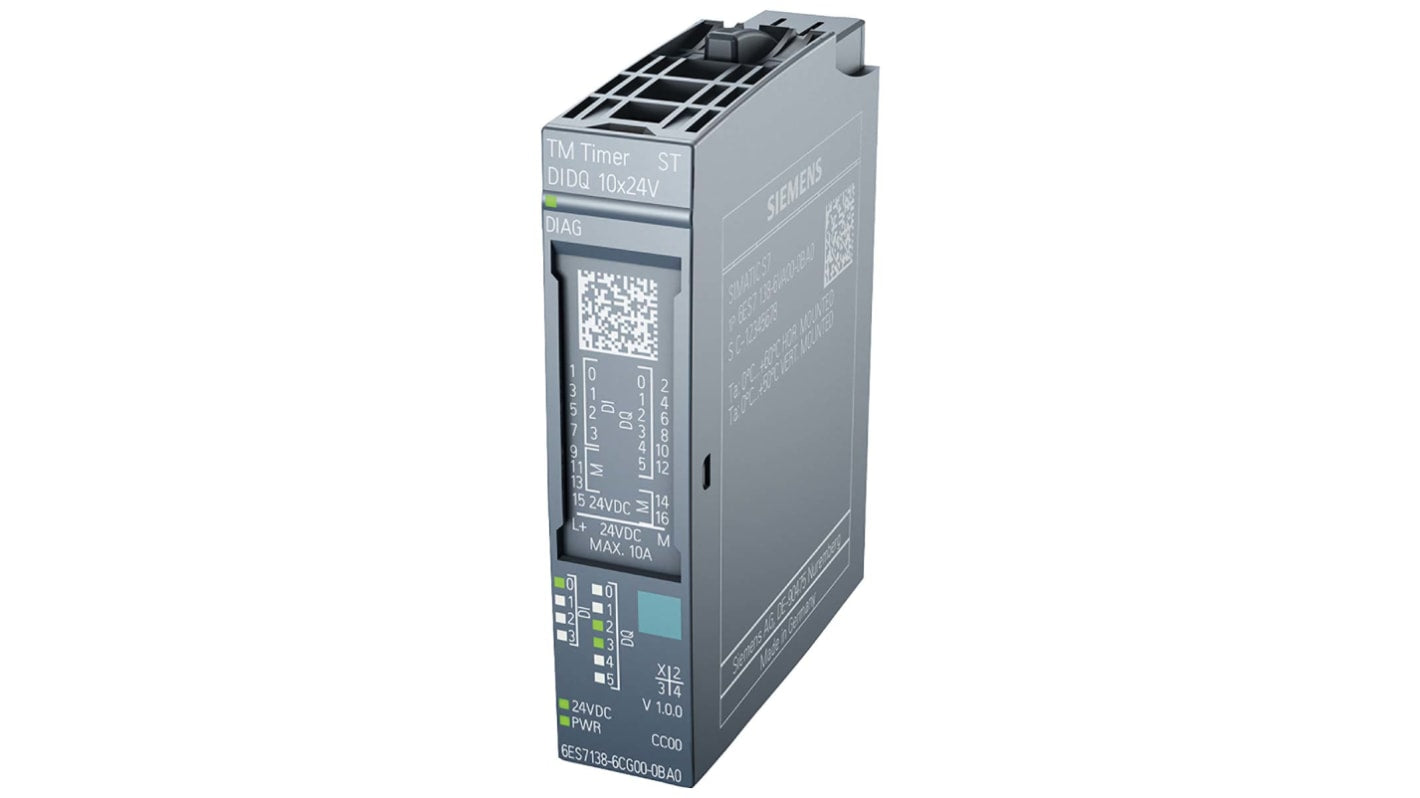 Modulo di espansione digitale Siemens 6ES7138-6CG00-0BA0 per PLC ET 200S, 4 ingressi e 6 uscite, dimensioni 73 x 15 x 58 mm.