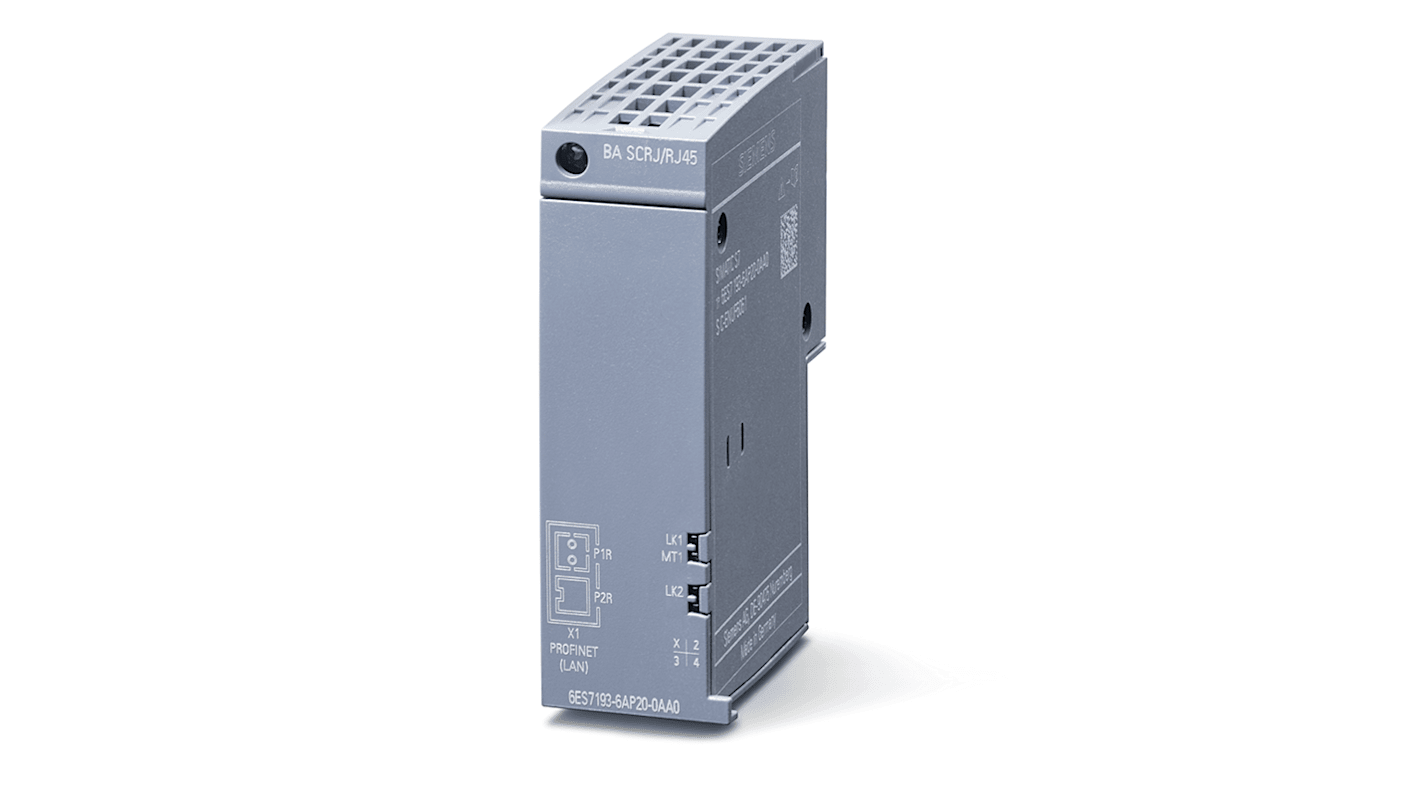 Adattatore PROFINET Siemens 6ES7193-6AP20-0AA0, con collegamenti SCRJ e RJ45, compatibile con sistemi SIMATIC, peso 50 g.
