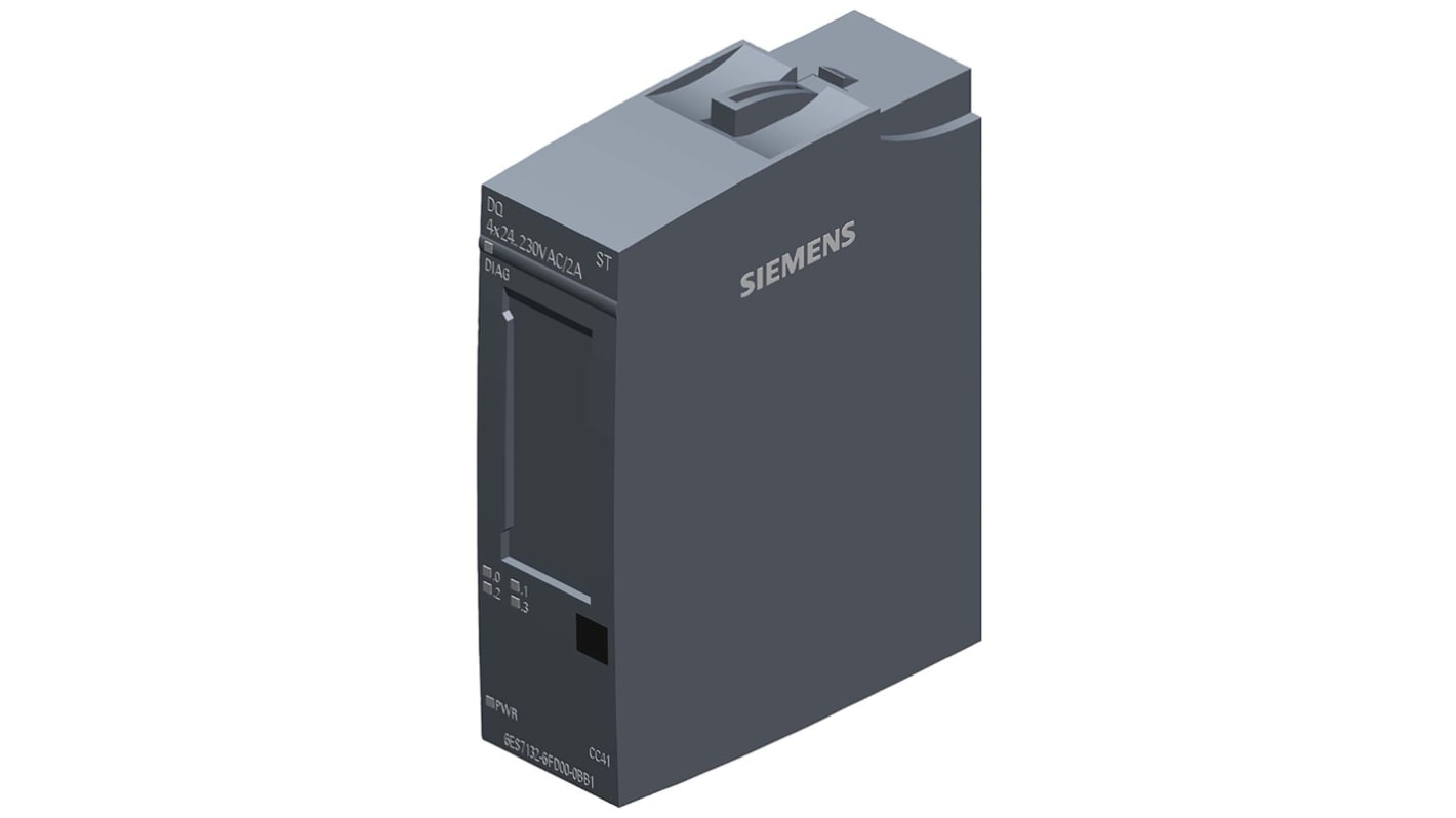 Modulo I/O Siemens 6ES7132-6FD00-0BB1 per automazione, 4 uscite digitali 230 V, dimensioni 73 x 20 x 58 mm.