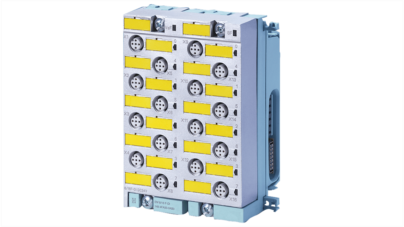Modulo I/O digitale Siemens 6ES7148-4FA00-0AB0, serie ET 200 PRO, 8/16 F-DI 24 V c.c., dimensioni 130 x 90 x 65 mm.
