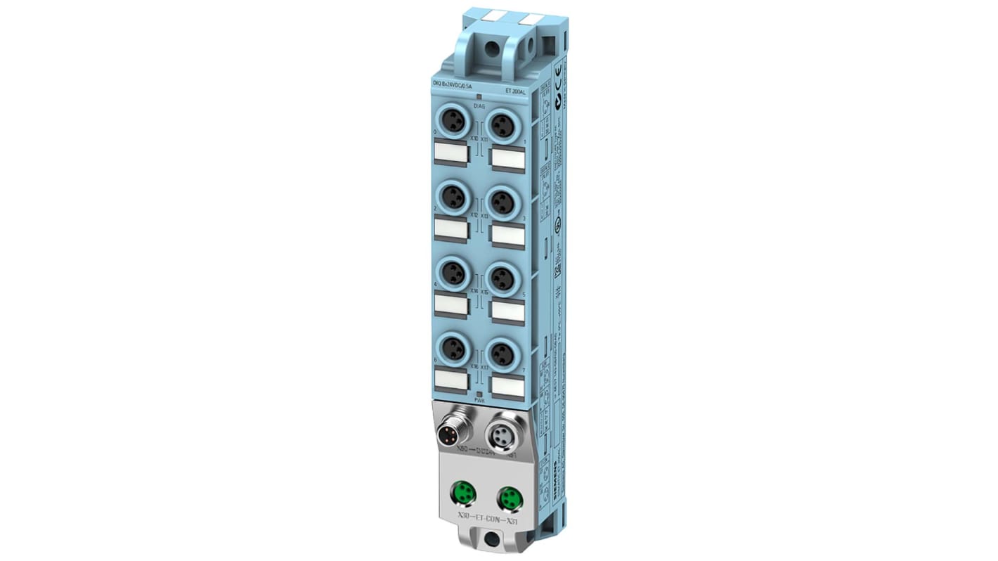 Modulo I/O digitale Siemens 6ES7141-5BF00-0BA0, serie ET 200AL, 8 ingressi e 8 uscite, dimensioni 159 x 30 x 40 mm.