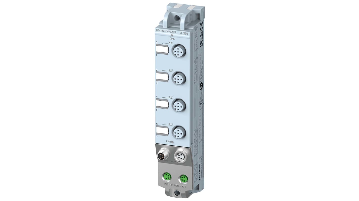 Modulo I/O digitale Siemens 6ES7143-5AF00-0BA0, 4 ingressi, 8 uscite, 24 V c.c., IP67, dimensioni 159 x 30 x 40 mm.
