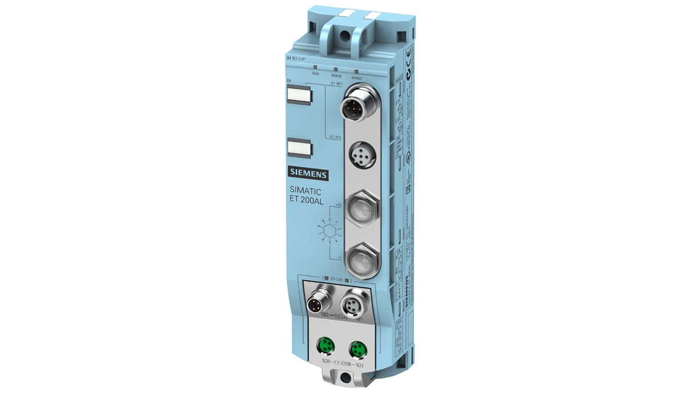 Modulo di comunicazione Siemens 6ES7157-1AA00-0AB0 per IM 157-1 DP, IP67, 3 ingressi e 5 uscite analogiche, dimensioni 159 x 45 x 46 mm.