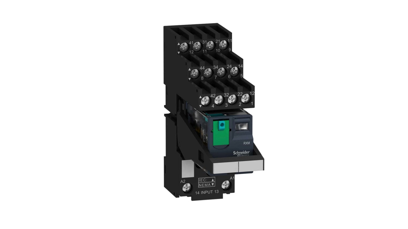 Relè d'interfaccia Schneider Electric RXM4AB2BDPVS, bobina 24V cc, 4PDT, guida DIN. Certificato IP20 per temperature da -40 °C a 85 °C. Harmony Relay di alta qualità per sistemi industriali.