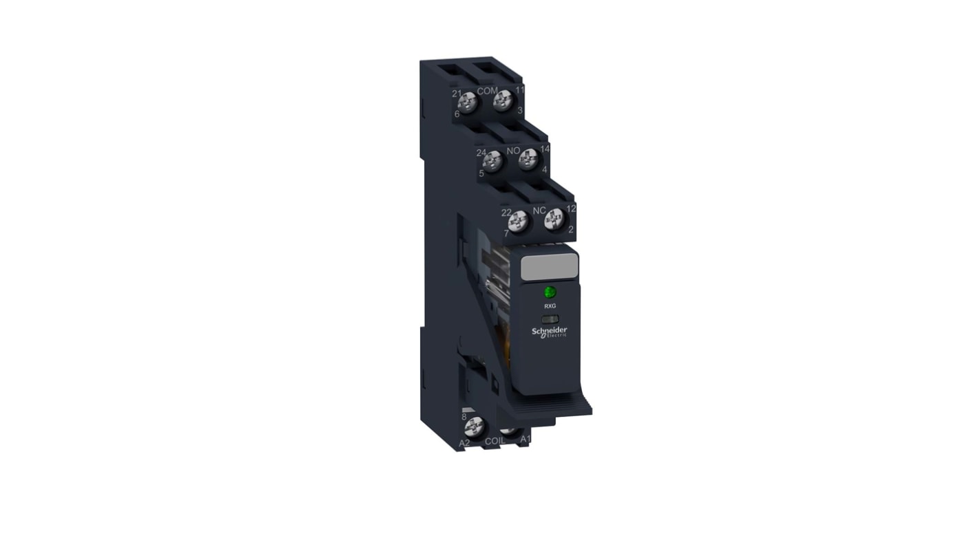 Relè d'interfaccia Schneider Electric RXG23BDPV, DPDT, 24V cc, montaggio su guida DIN, corrente 5A, IP20.