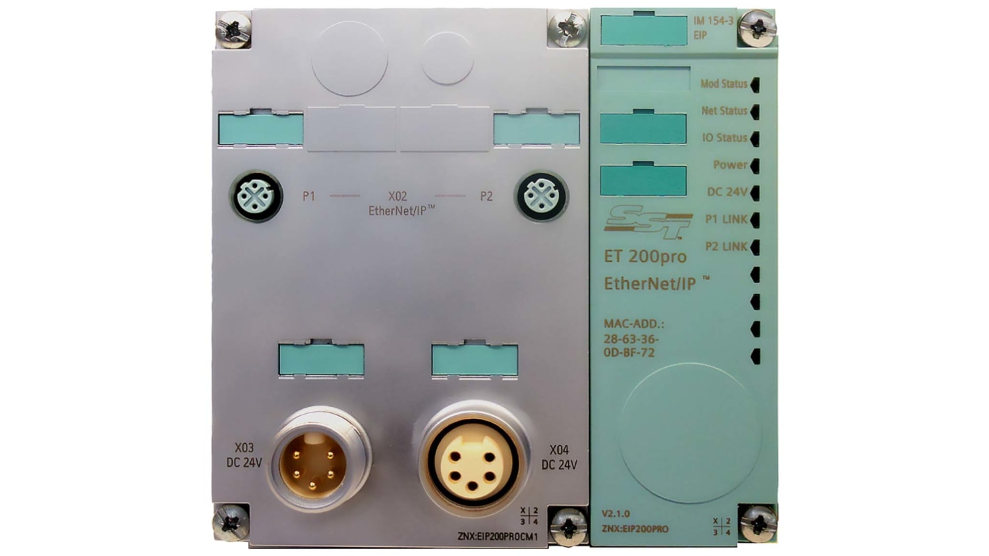 Modulo di espansione PLC Siemens ZNX:EIP200PRO per ET 200 PRO, con switch integrato e grado di protezione IP65/67. Dimensioni 130 x 135 x 59,3 mm.