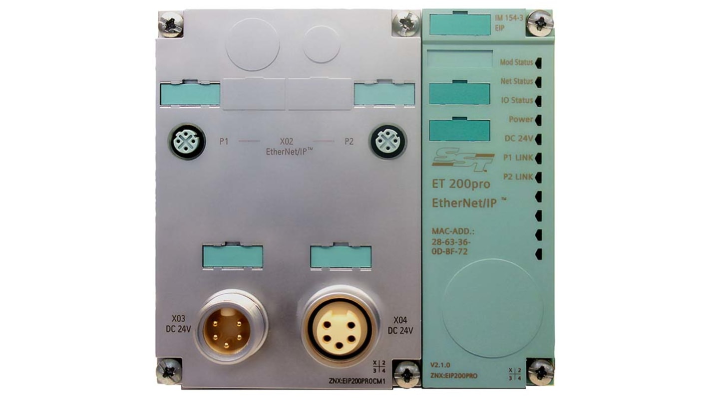 Modulo di collegamento Siemens ZNX:EIP200PROCM1 per gruppo testa Ethernet/IP, con 2 connettori M12 e 2 connettori 7/8. Dimensioni 90mm x 130mm x 51mm.