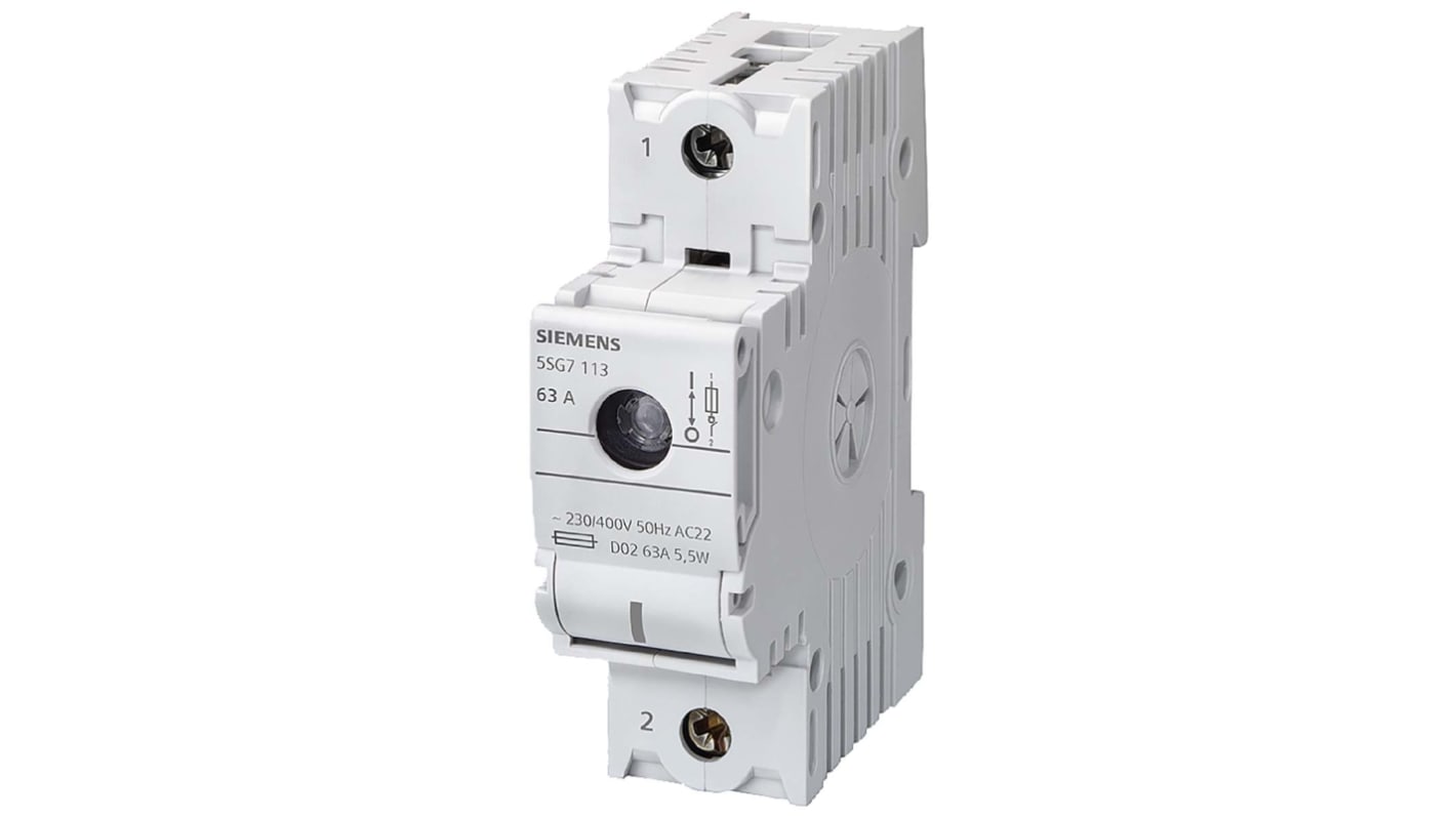 Sezionatore portafusibili Siemens 5SG7123, 2 poli, 63A, 400V, fusibile D02 MINIZZATO, dimensioni compatte, IP20.