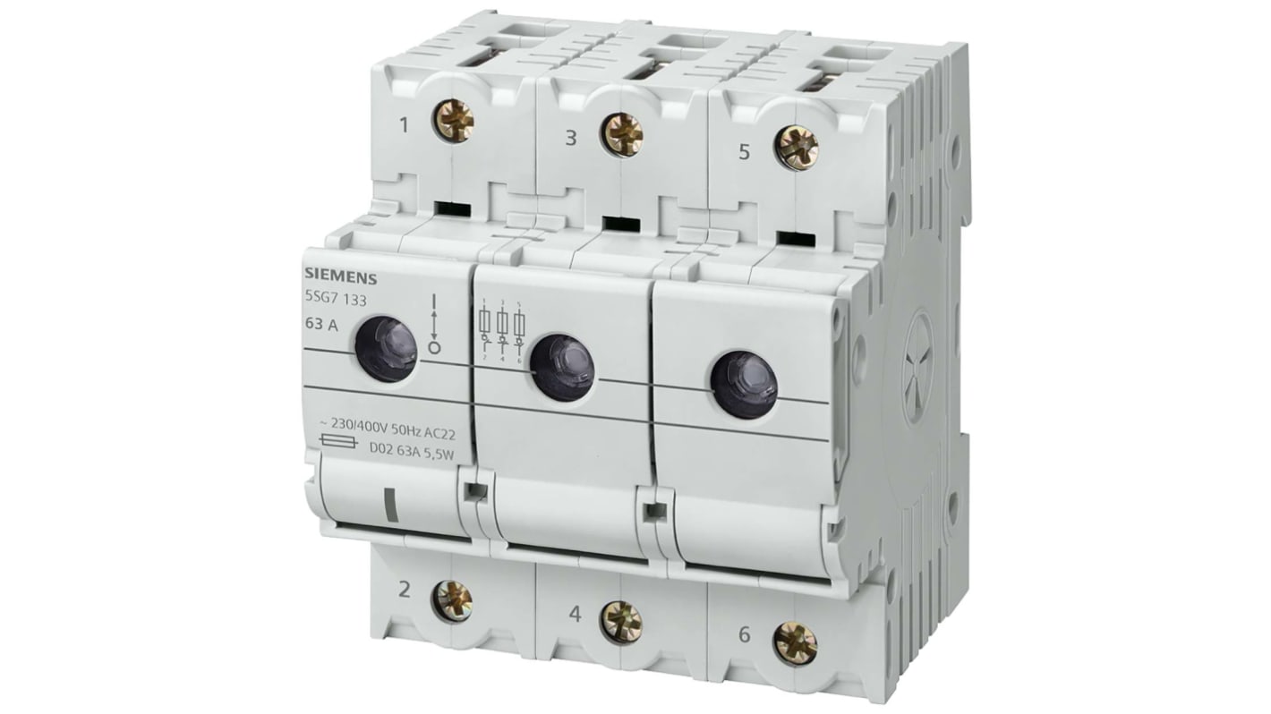 Sezionatore portafusibili Siemens 5SG7163, 3P+N, 63A, 400V, classe IP20, fusibile D02, 4 poli, design compatto.