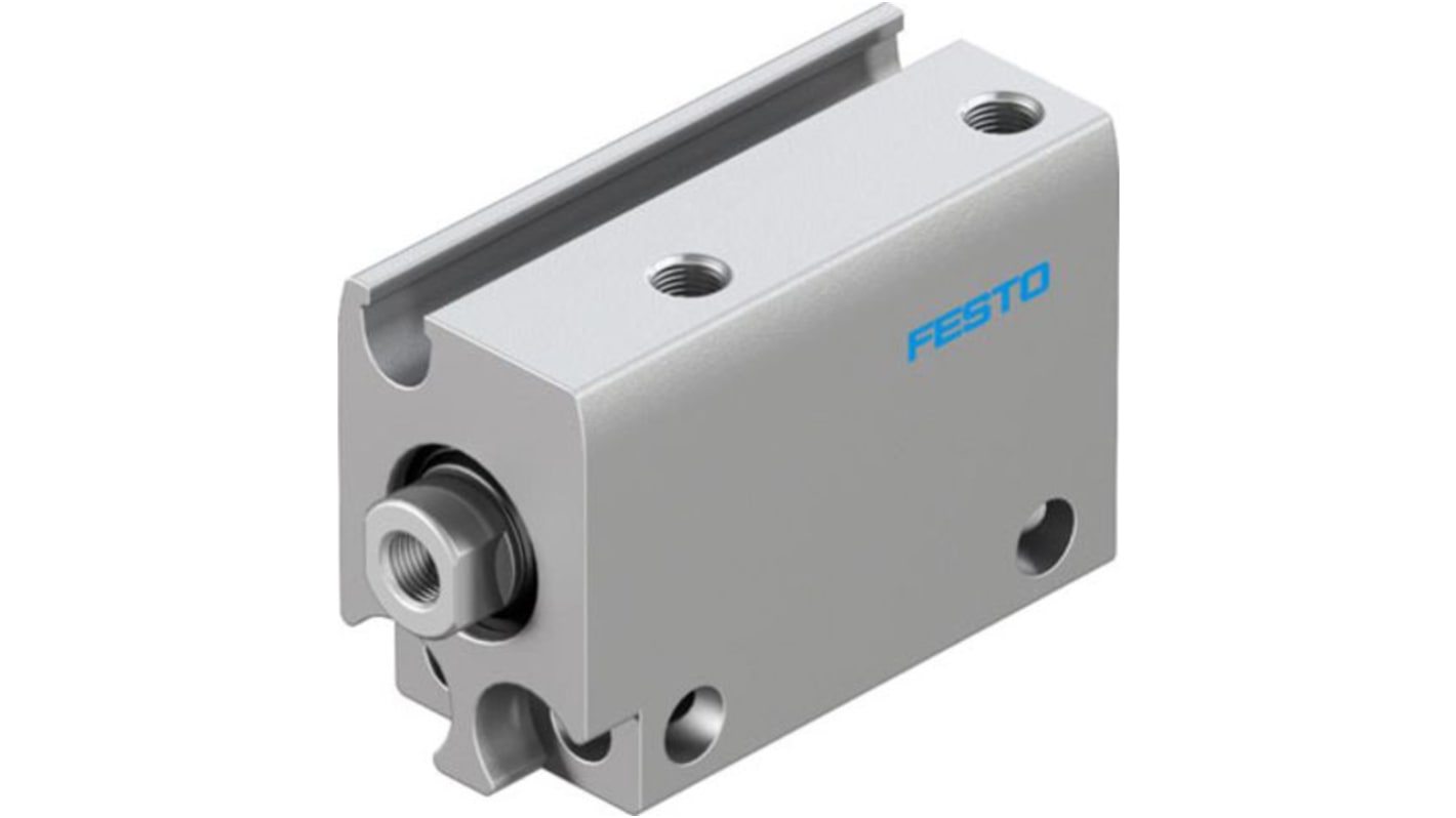 Cilindro pneumatico compatto Festo ADN-S-10-10-I-A, doppio effetto, foro 10mm, corsa 10mm, assemblabile in diverse posizioni.