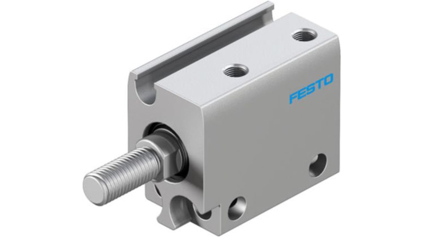 Cilindro pneumatico compatto Festo ADN-S-10-5-A-A, doppio effetto, diametro 10mm, corsa 5mm, collegamento M3. Peso 17g.