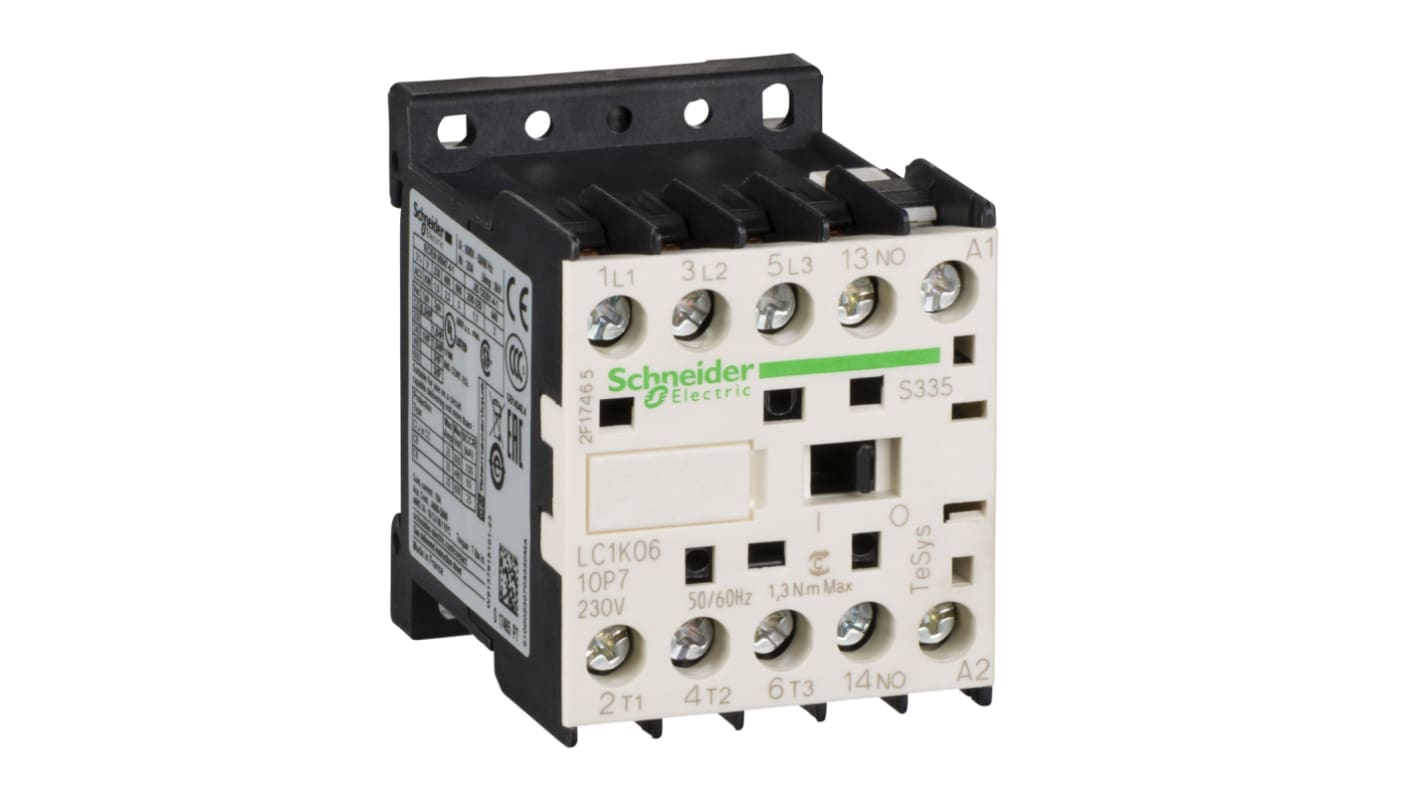 Contattore Schneider Electric LC1K0601P7S335 per controllo motori, 3 poli, 6 A, montaggio su guida, modello TeSys K.