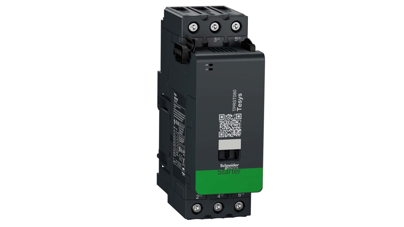 Starter DOL automatico Schneider Electric TPRST080, potenza 37 kW, tensione 690 V, montaggio orizzontale/verticale, dimensioni 167x55x125 mm.