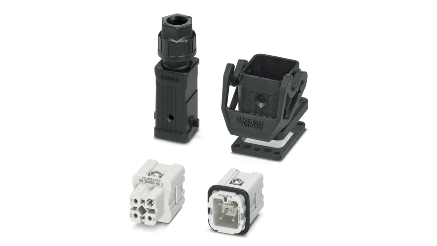 Phoenix Contact, kit connettore alimentazione 3 pin, femmina e maschio, 10A, IP66, temperatura -40 a 100 °C, codice 1424445.
