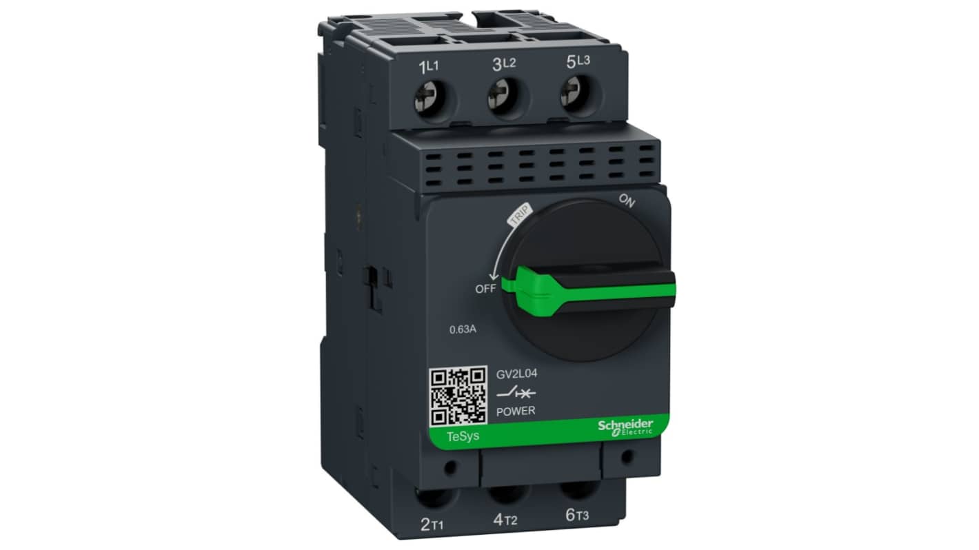 Interruttore automatico del motore Schneider Electric GV2L04, 1,6-32 A, montaggio su guida DIN, dimensioni 89x45x97 mm.