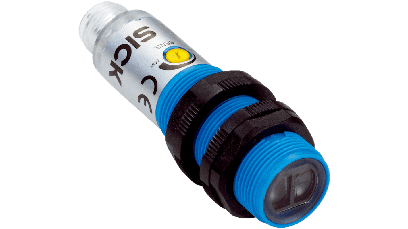 Sensore fotoelettrico cilindrico Sick VTB180-2F32417, rilevamento 10-350 mm, uscita PNP, connettore M12, IP67.